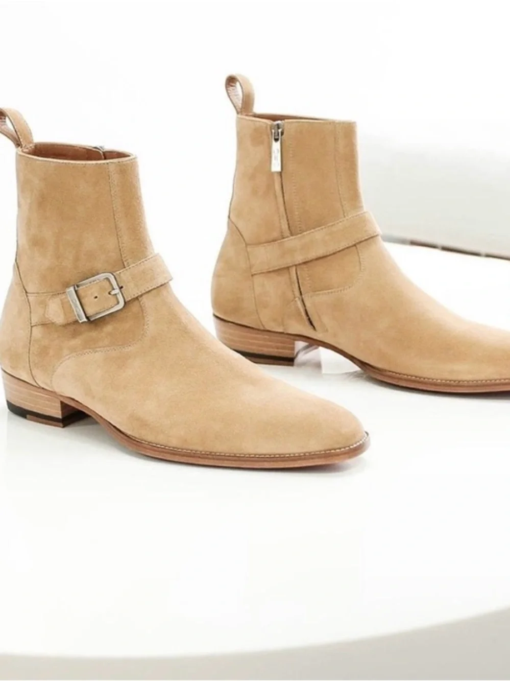 Men's Beige Suede Harness Zip Boots